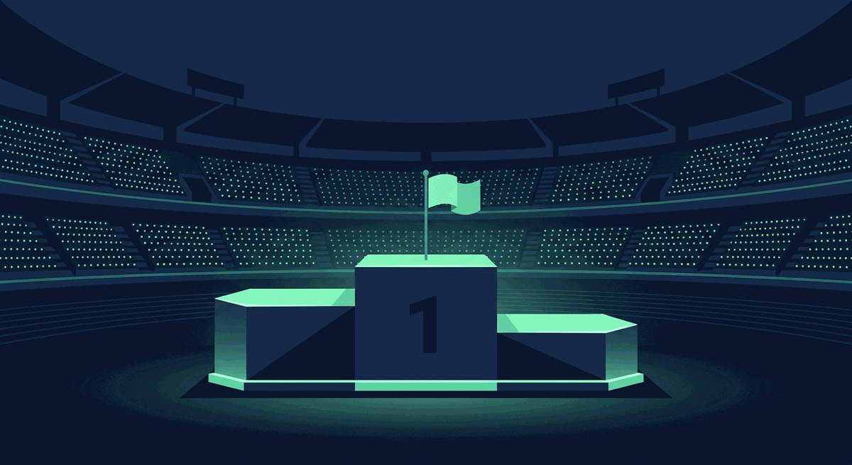 Ilustrasi podium kemenangan tiga tingkat dengan bendera di stadion malam bernuansa biru tua dan aksen hijau mint