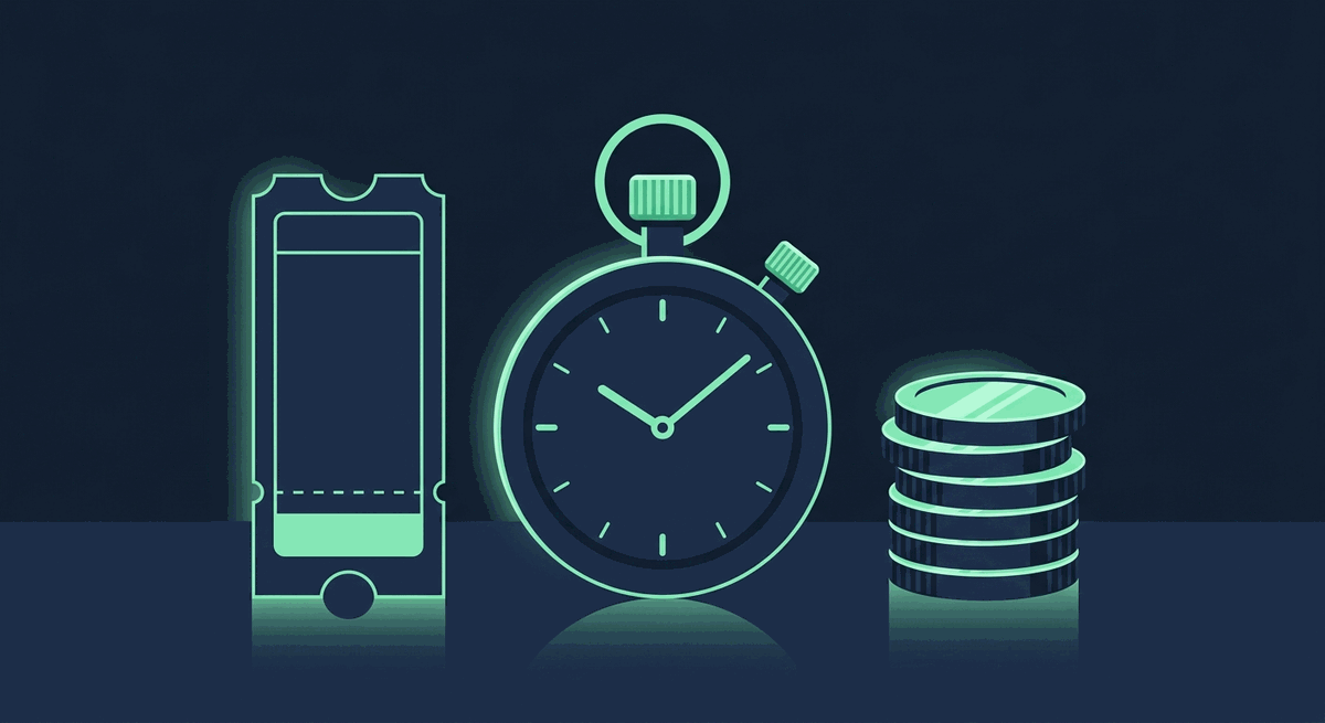 Ilustrasi tiket pertandingan, stopwatch, dan beberapa koin di atas meja biru tua dengan cahaya tepi hijau mint
