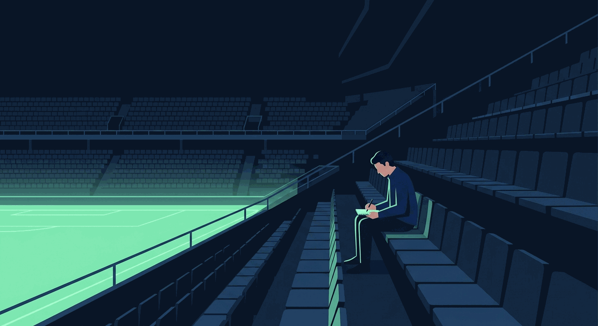 Ilustrasi seseorang menulis buku catatan di tribun stadion malam dengan cahaya hijau mint dari lapangan